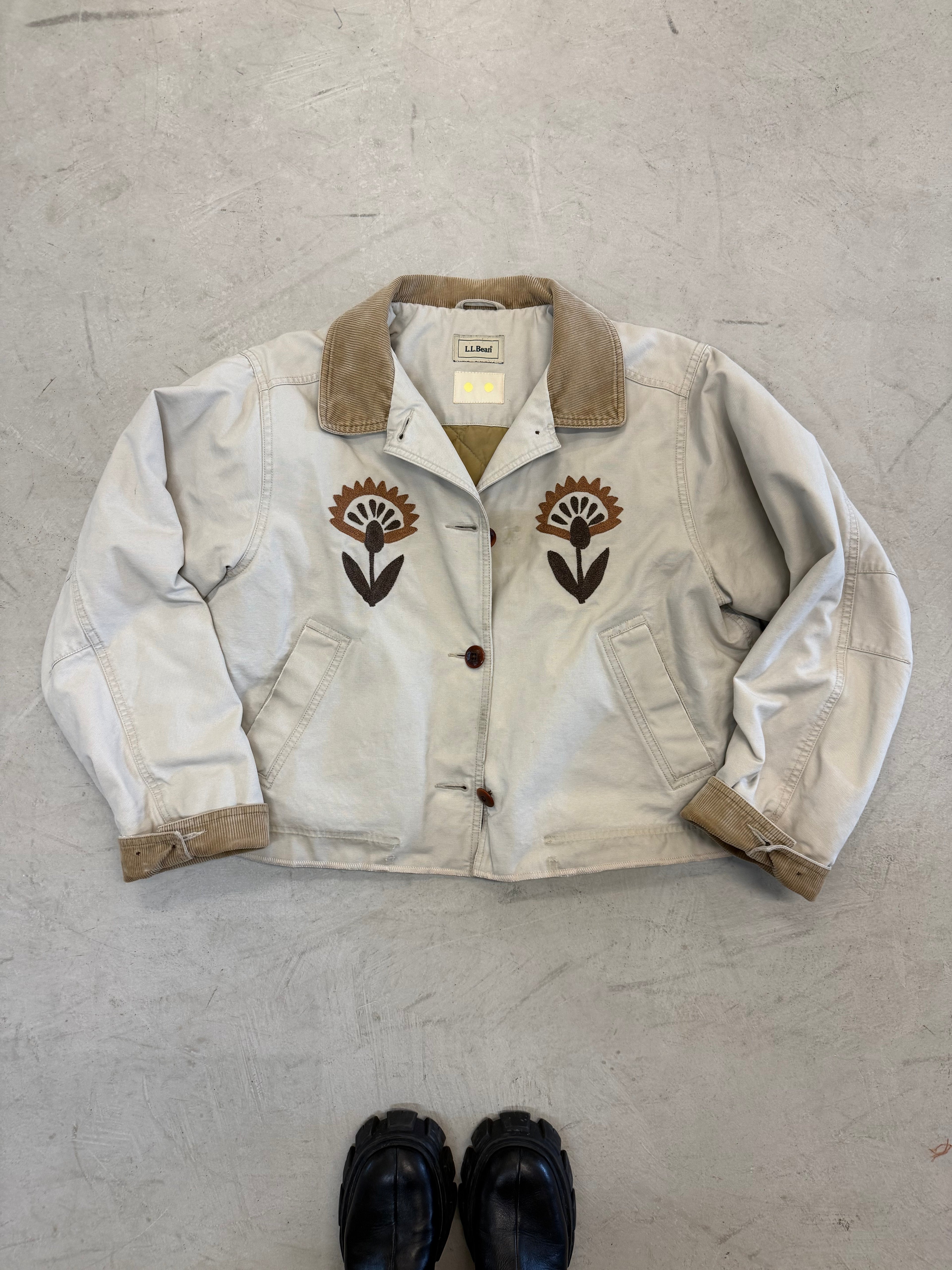 LL Bean Barn Jacket — Beige with Gold & Brown Folk Flower